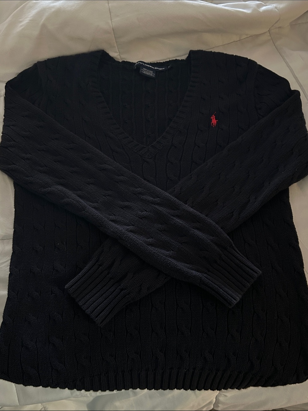 Polo by Ralph Lauren Black Cable-Knit V-Neck Sweater with Red Pony